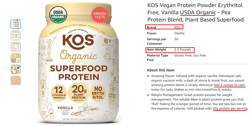 KOS Vegan Protein Powder Erythritol Free, Vanilla USDA Organic